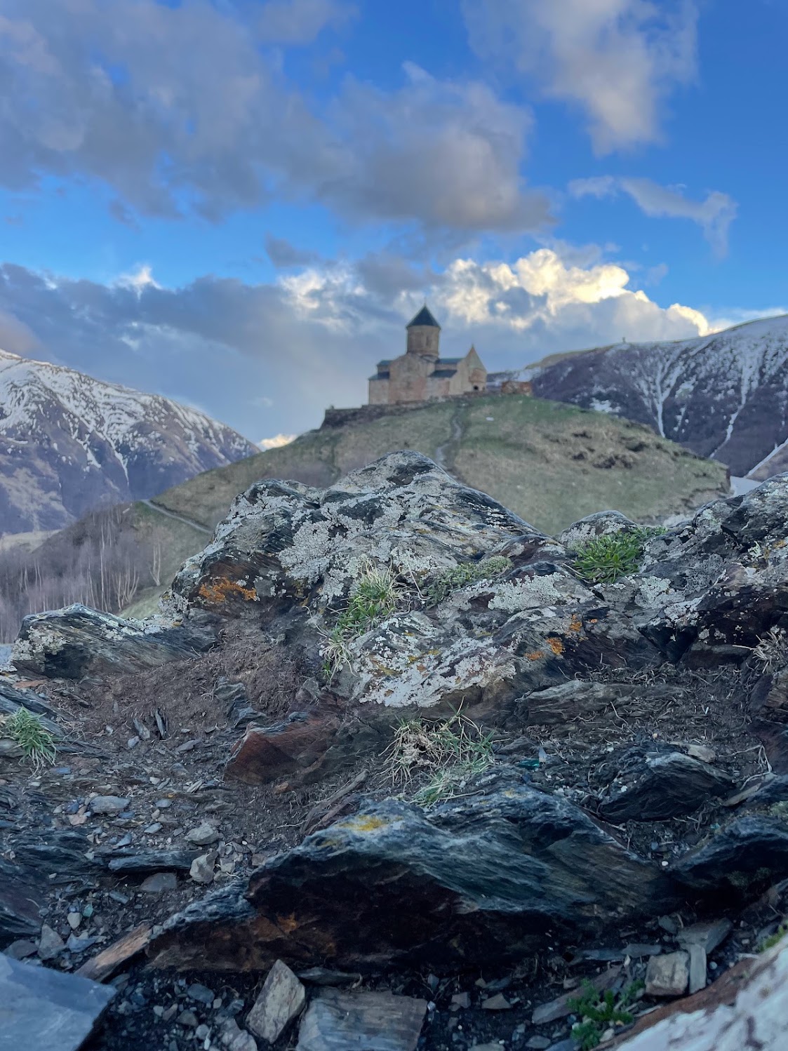 Gergeti Trinity Church in the Caucasus mountains, Georgia