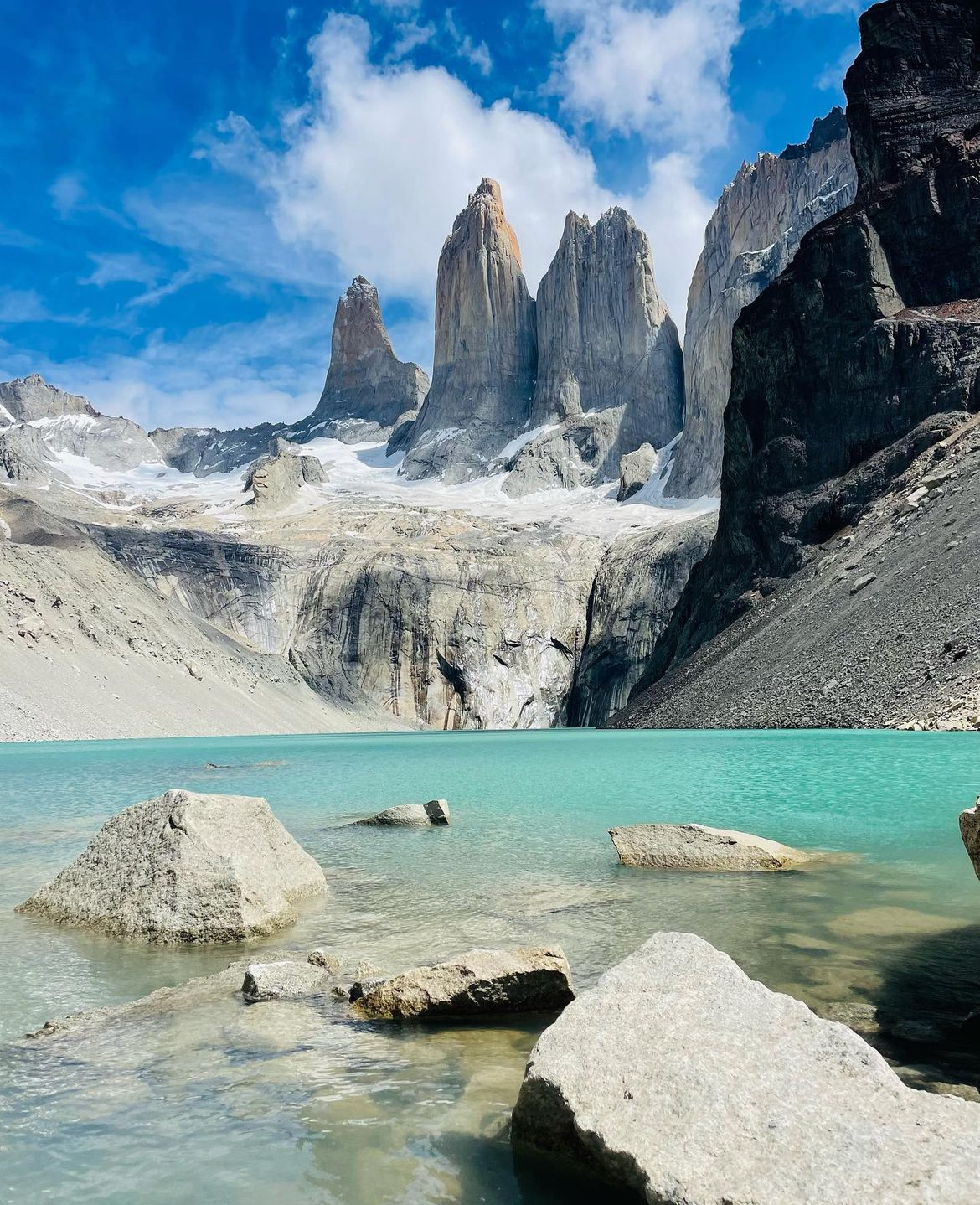 Torres del Paine above a turquoise glacial lake, Patagonia